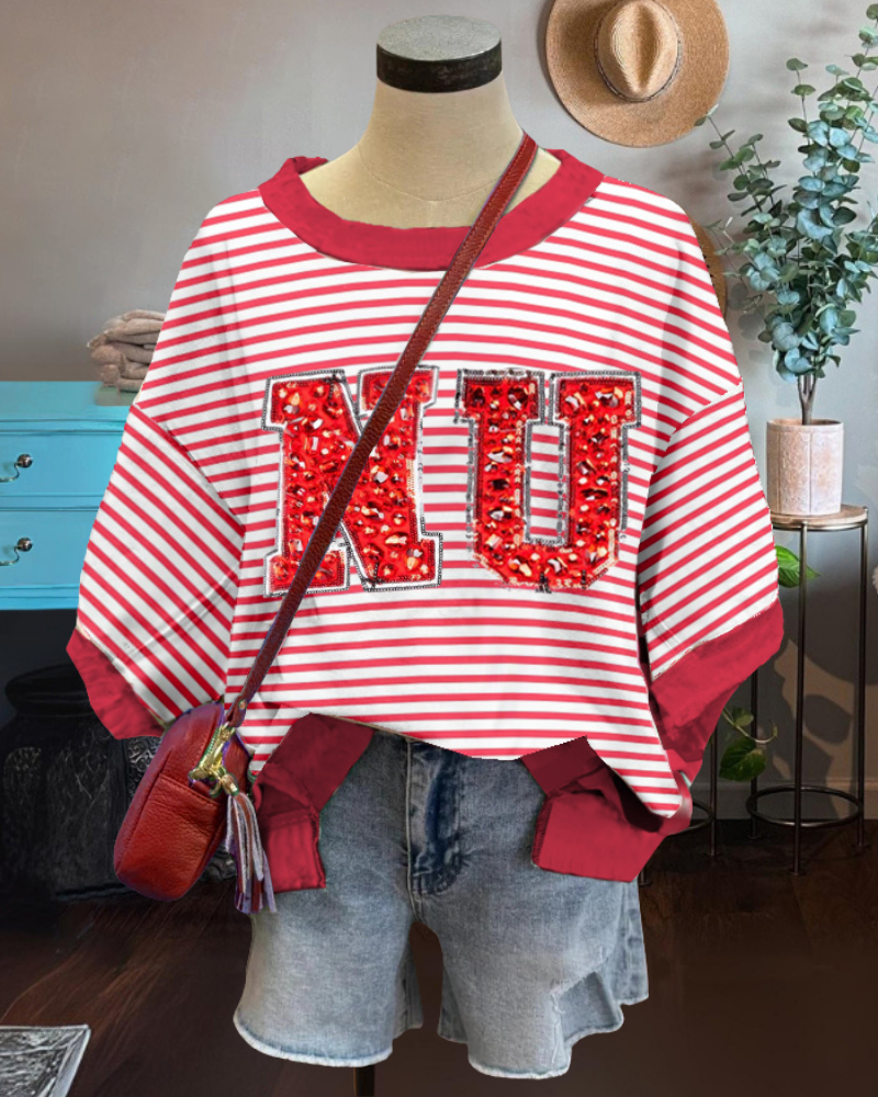 NU Sequined Rhinestone Striped T-shirt