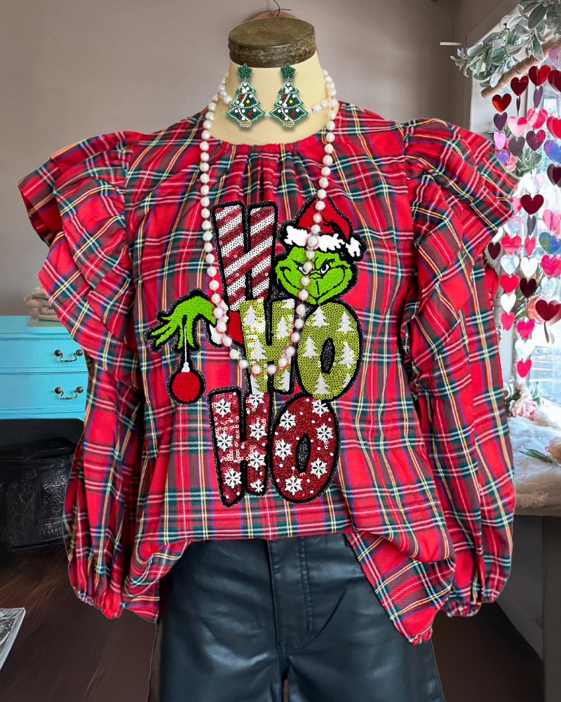 Sequin Grinch Plaid Ruffle Top