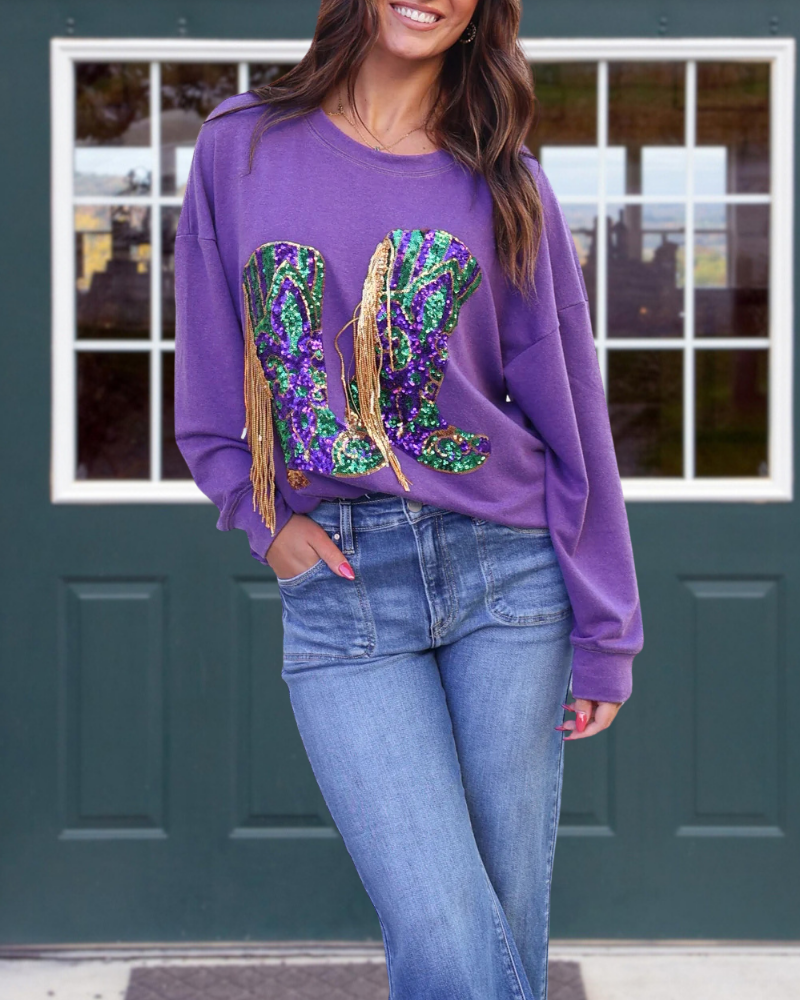 Mardi Gras Boots Sequined Top