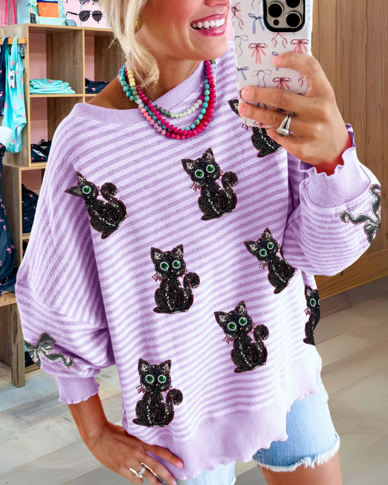 Whimsical Sparkly Black Cat Striped Pullover
