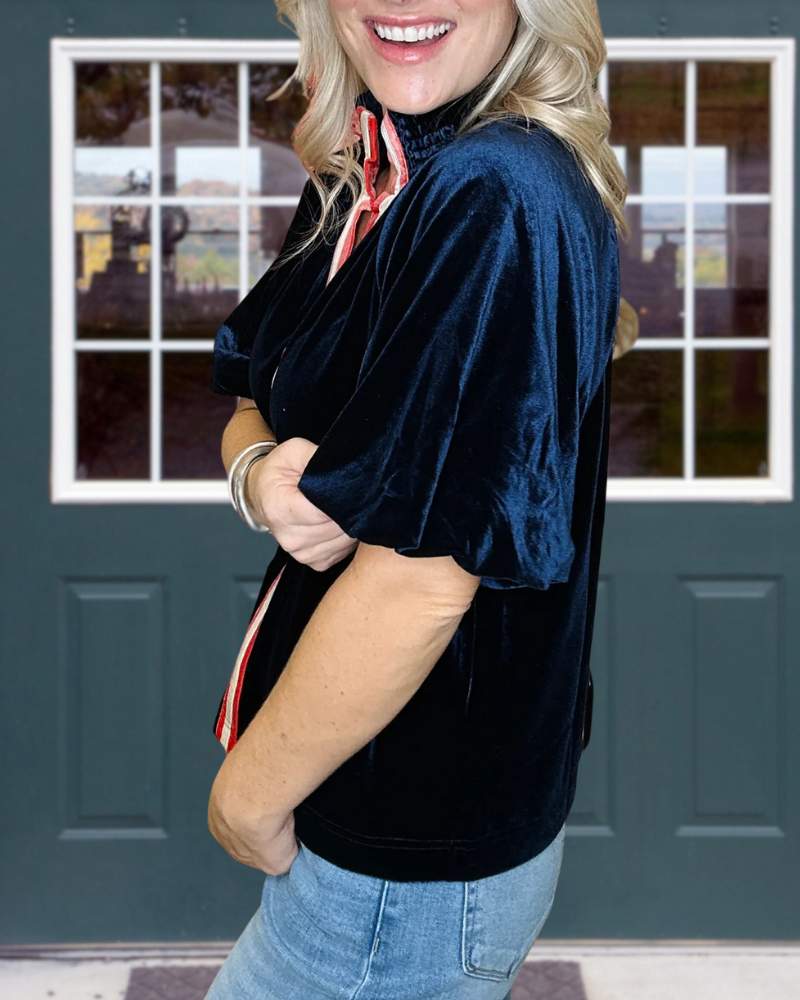 Retro Striped Velvet V-Neck Top