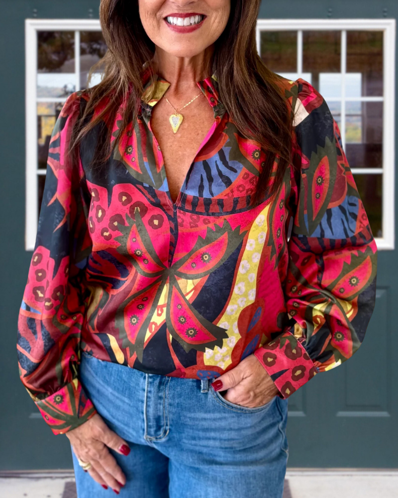 Jungle Floral Satin V-Neck Top