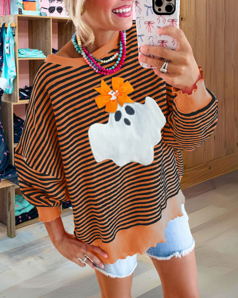 Halloween Ghost Bow Embellished Striped Sweatshirt