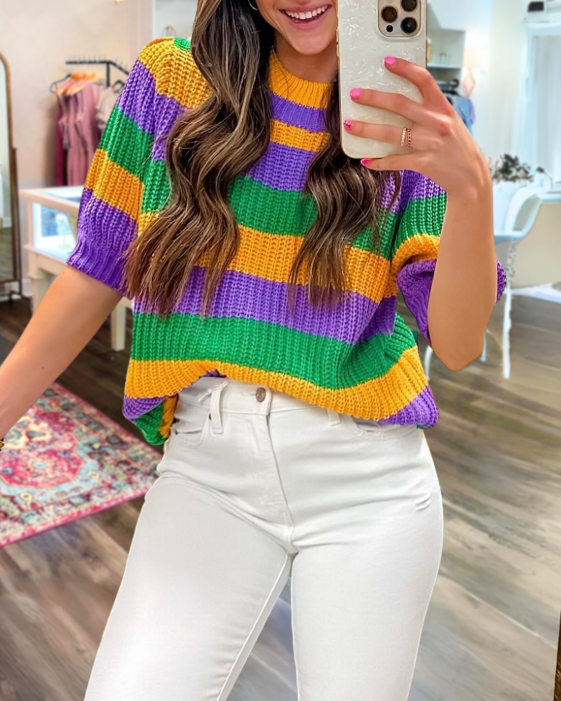 Mardi Gras Striped Ribbed Sweater