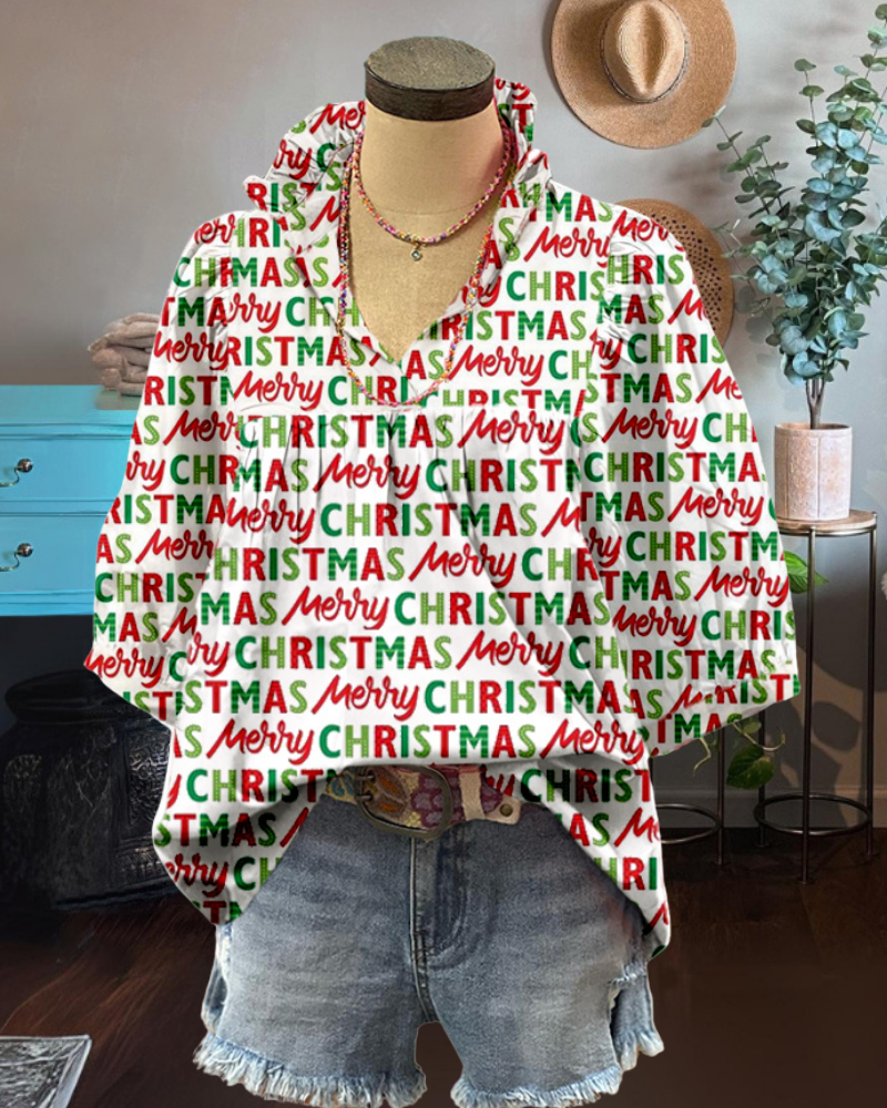 Merry Christmas Font V-Neck Top
