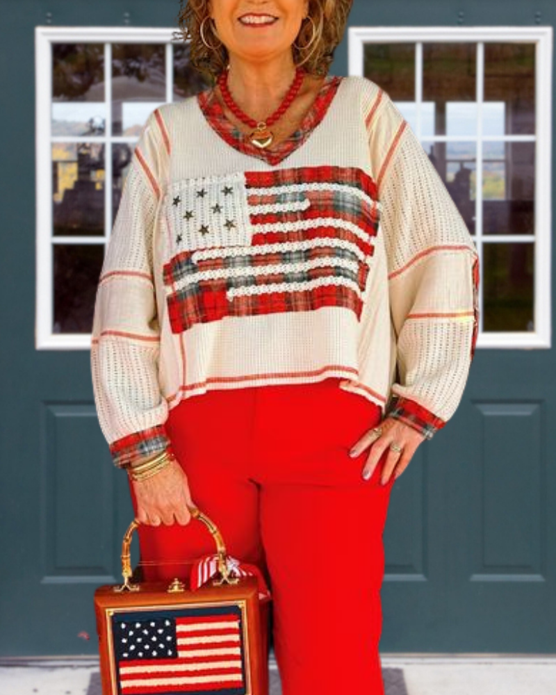 Chic Flag Plaid V-Neck Top