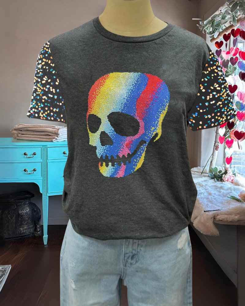 Stylish Rainbow Skull Sequin Sleeve Tee
