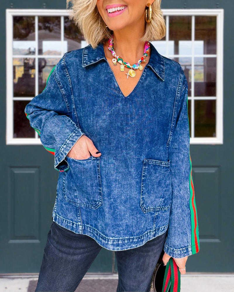 Striped Trim Denim V-neck Top