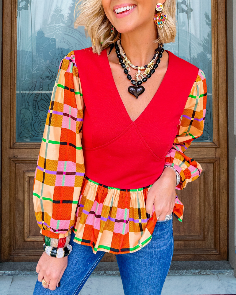 Colorful Plaid Sleeves V-neck Top