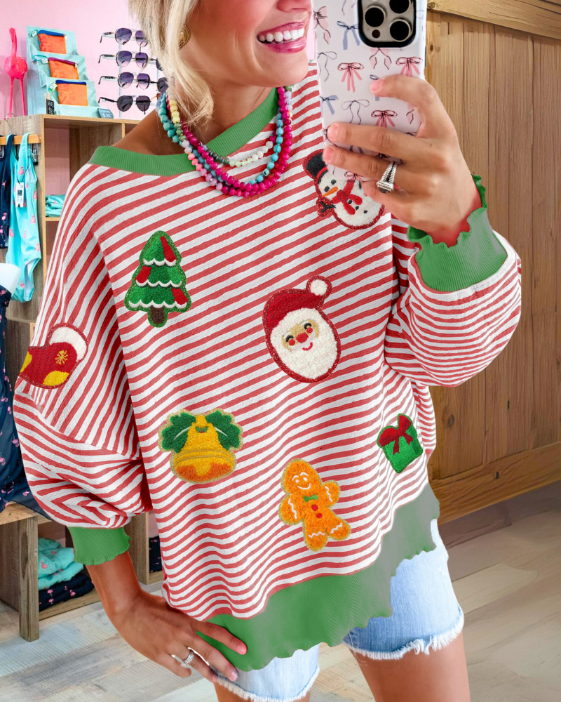 Playful Christmas Sequin Striped Sweatshirt