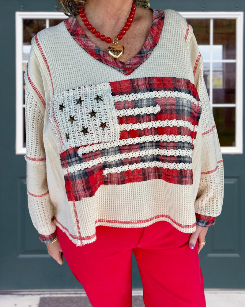 Chic Flag Plaid V-Neck Top