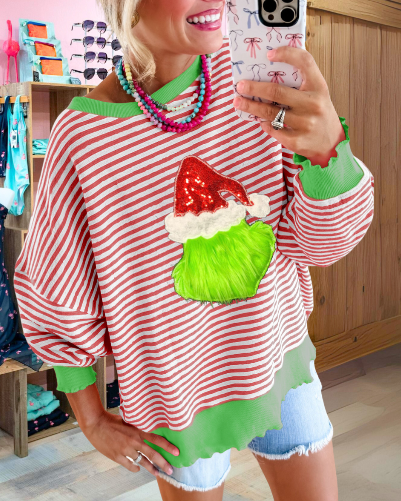 Santa Hat Grinch Sequin Striped Sweatshirt