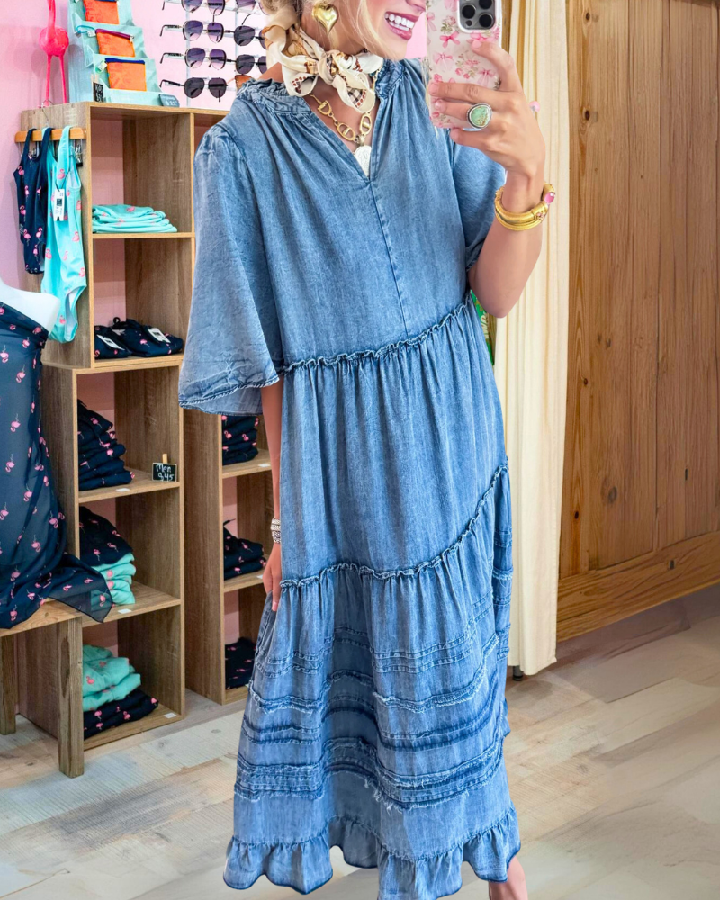 Ruffled Layered Denim Maxi Dress