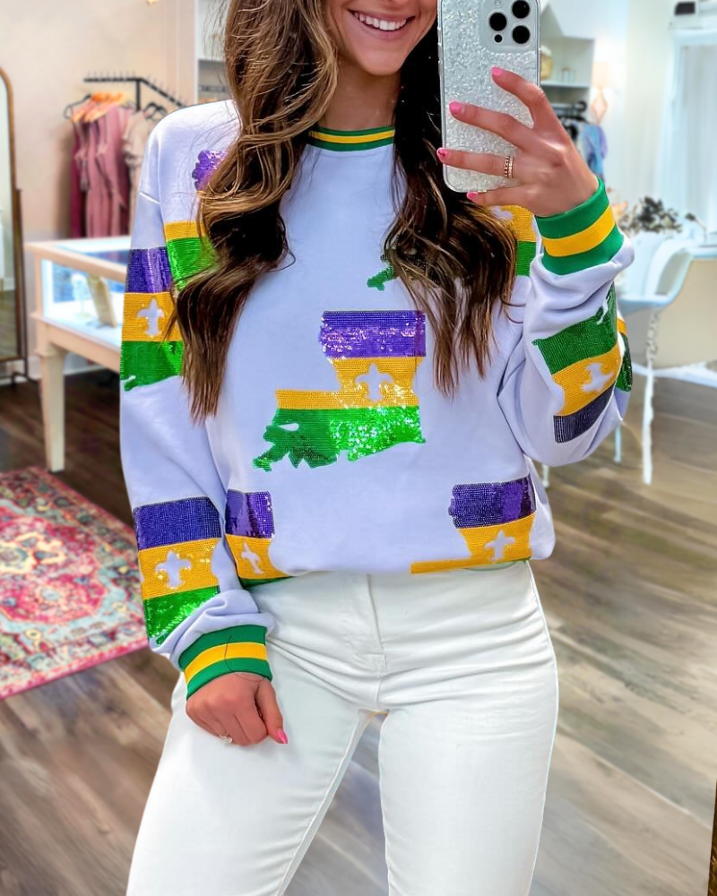 Mardi Gras Sequined Striped Pullover
