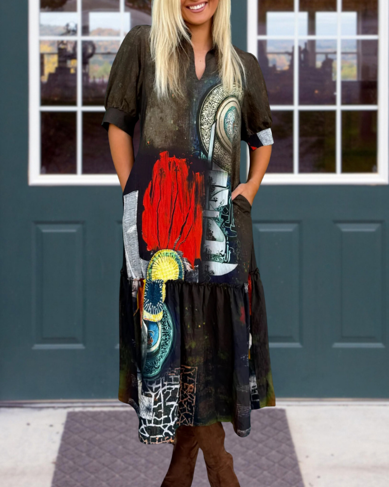 Abstract Print V-Neck Midi Dress