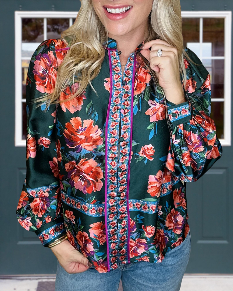 Floral Button Satin Blouse