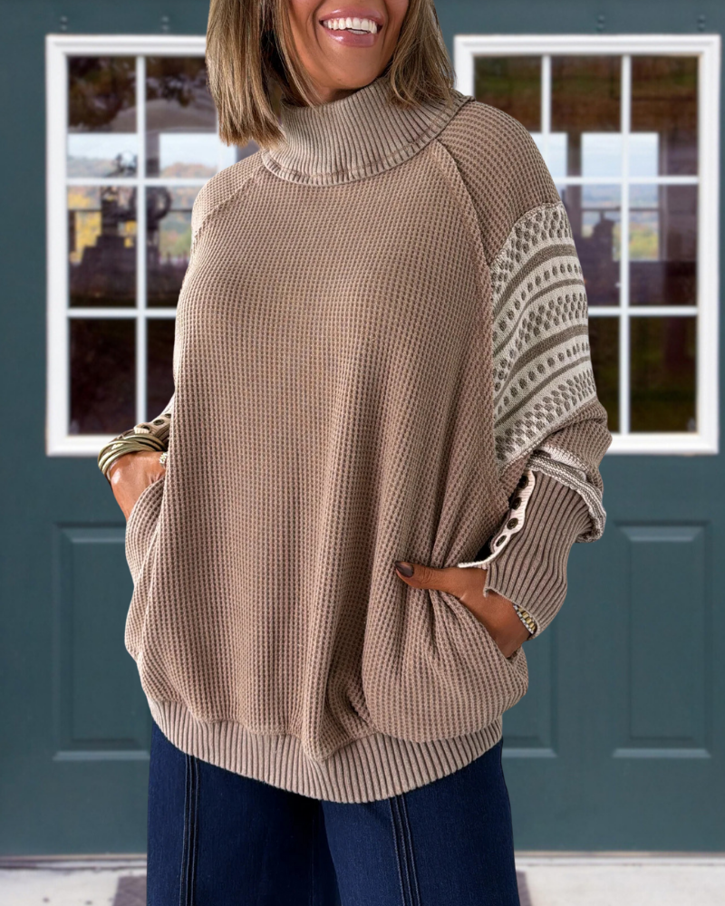 Waffle Turtleneck Ribbed Pullover