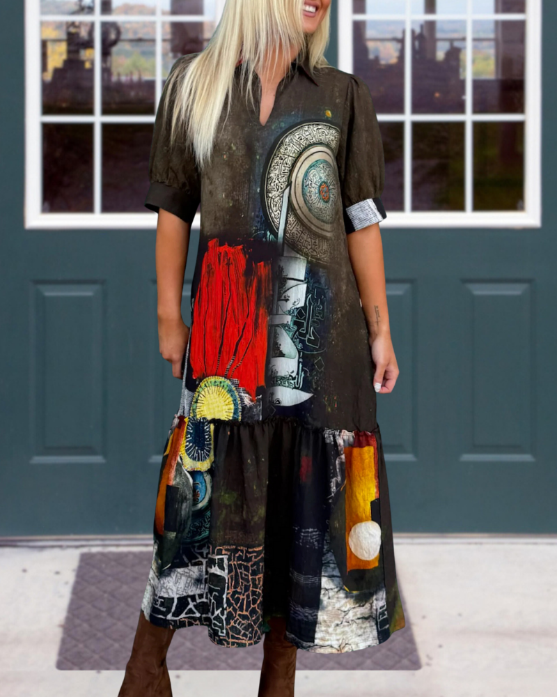 Abstract Print V-Neck Midi Dress