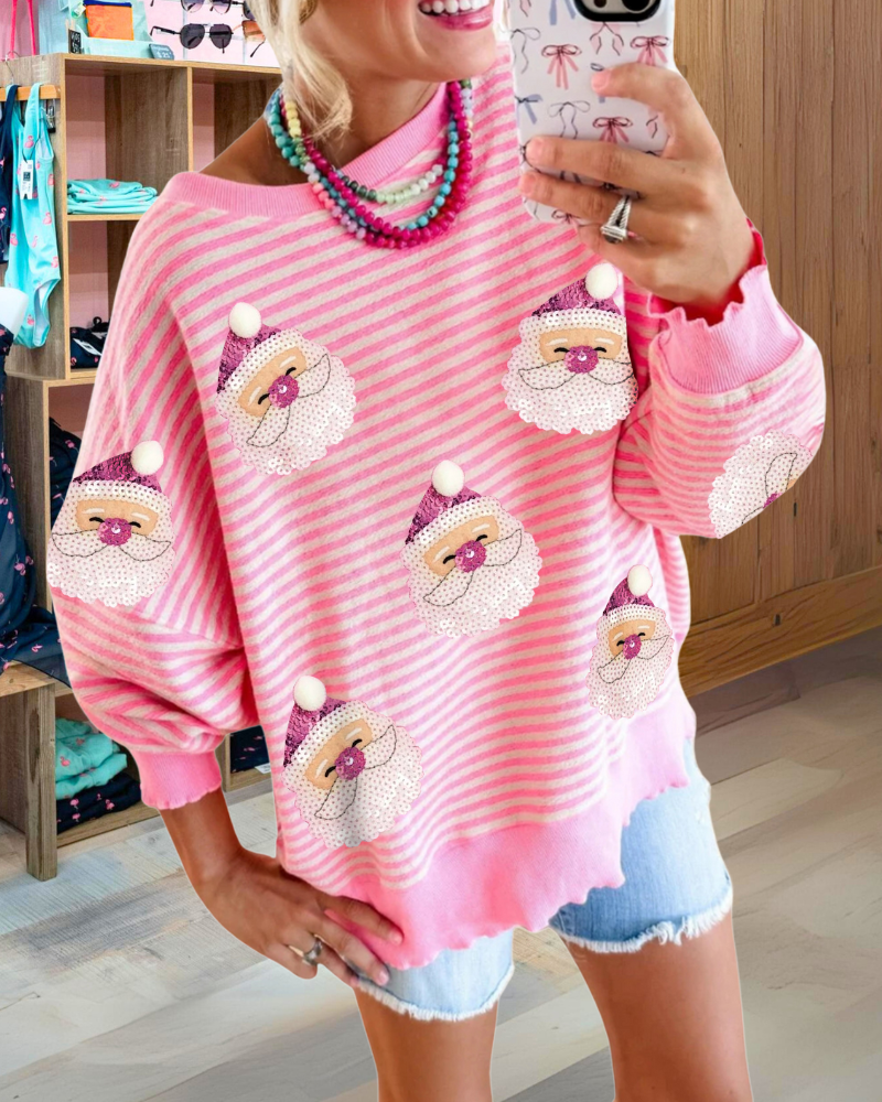 Fun Sequin Santa Striped Sweatshirt