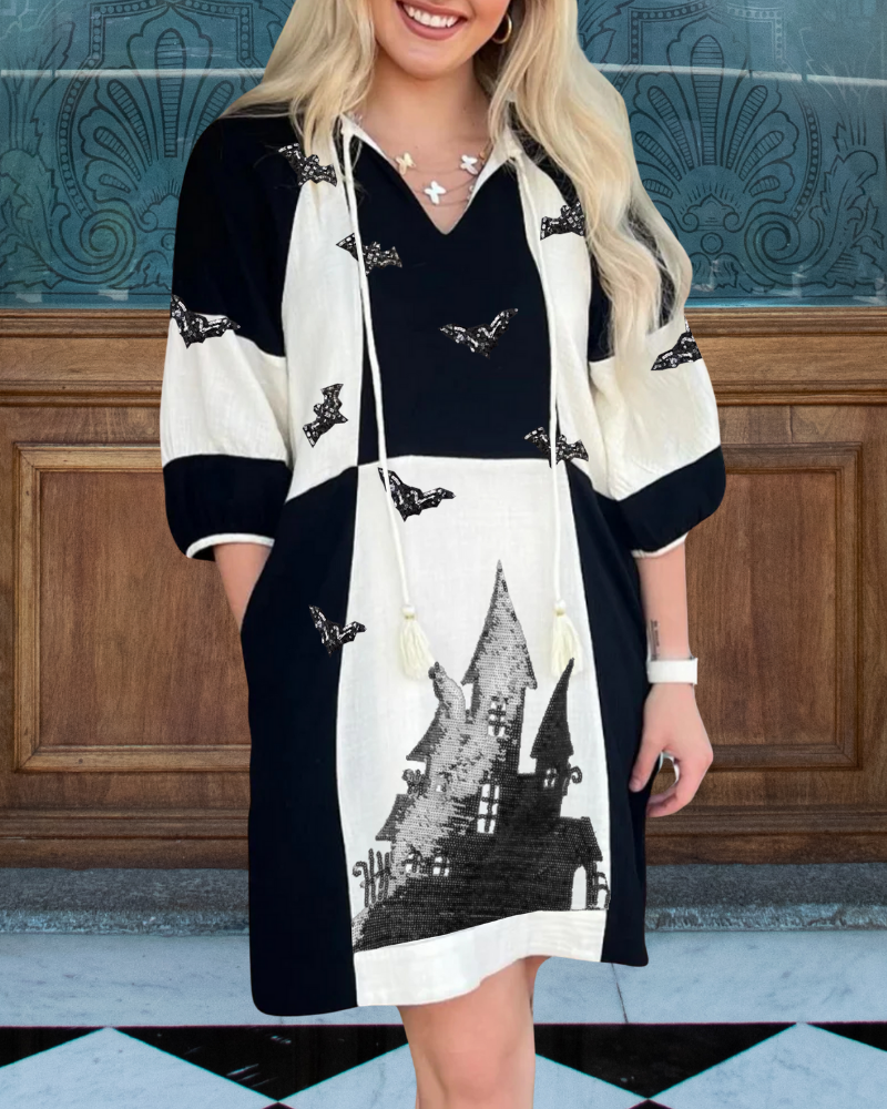 Playful Haunted House Bat Print Dress