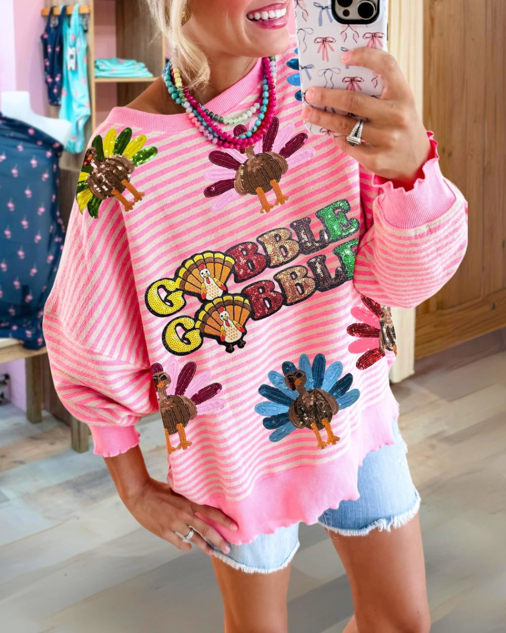 Playful Gobble Turkey Sequin Sweatshirt