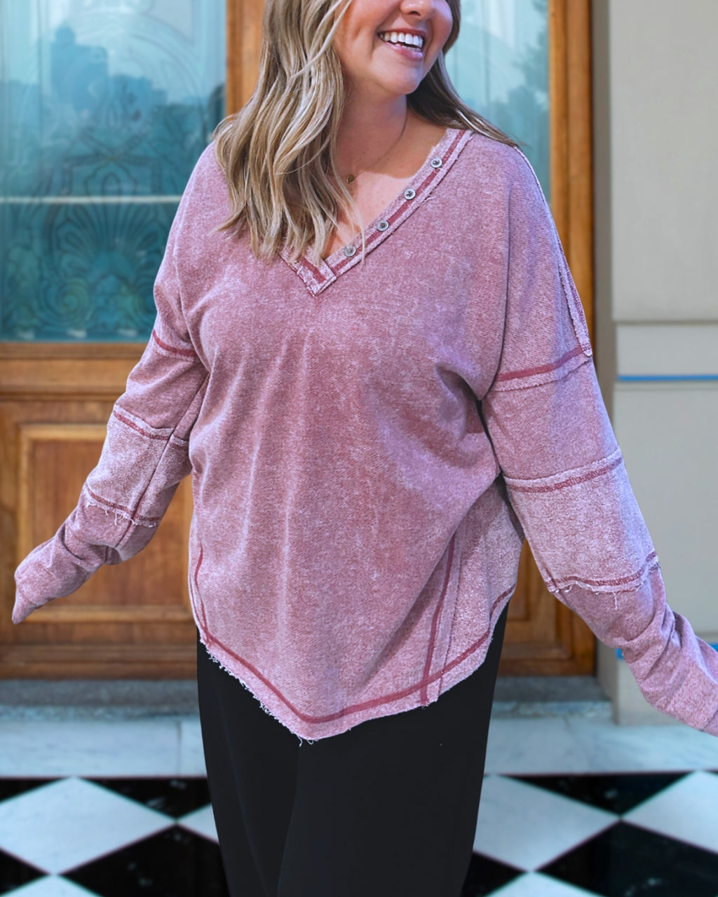 Relaxed Patchwork V-Neck Sweatshirt