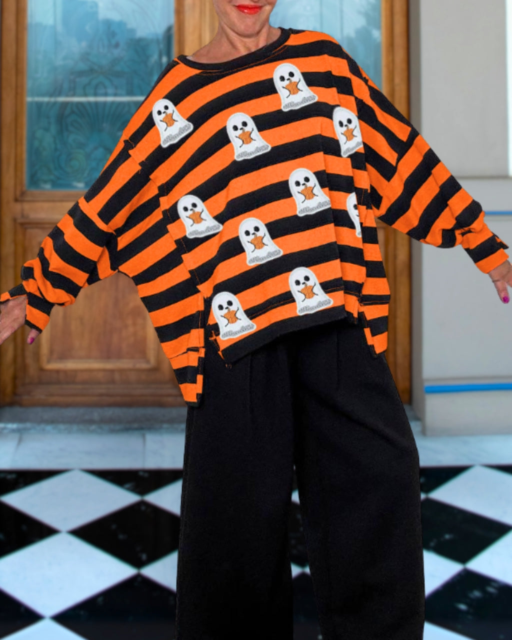 Fun Halloween Ghost Sequin Striped Top