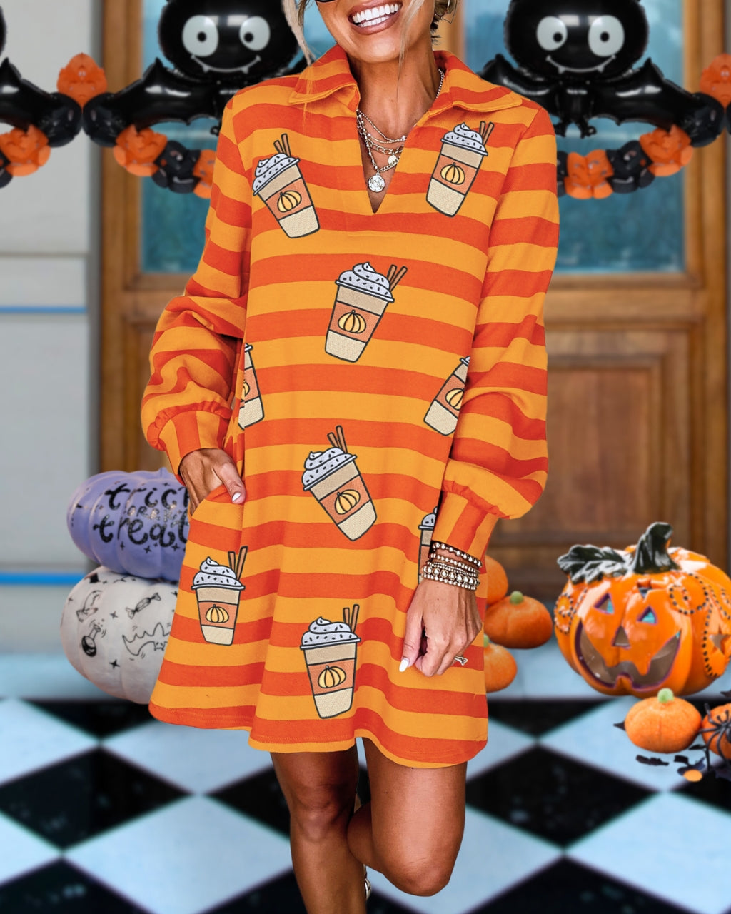 PSL Sequin Pumpkin Latte Stripe Dress