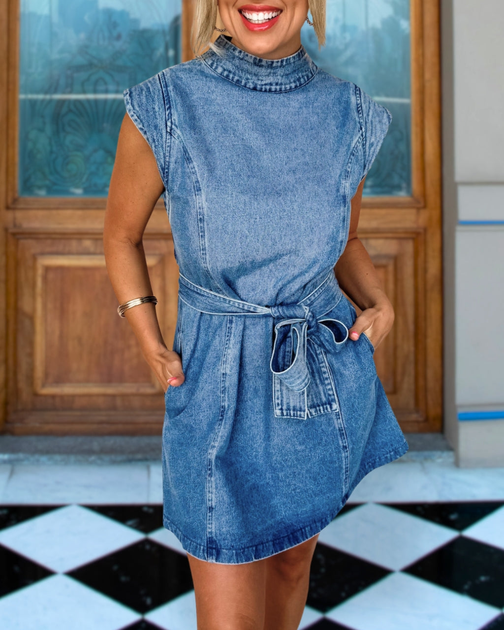Mock Neck Denim Mini Dress