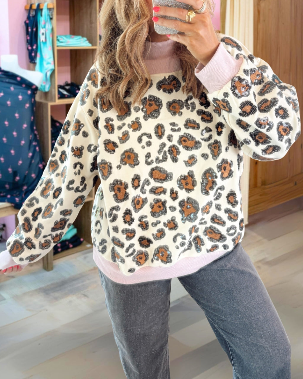 Sequin Leopard Mock Neck Sweatshirt