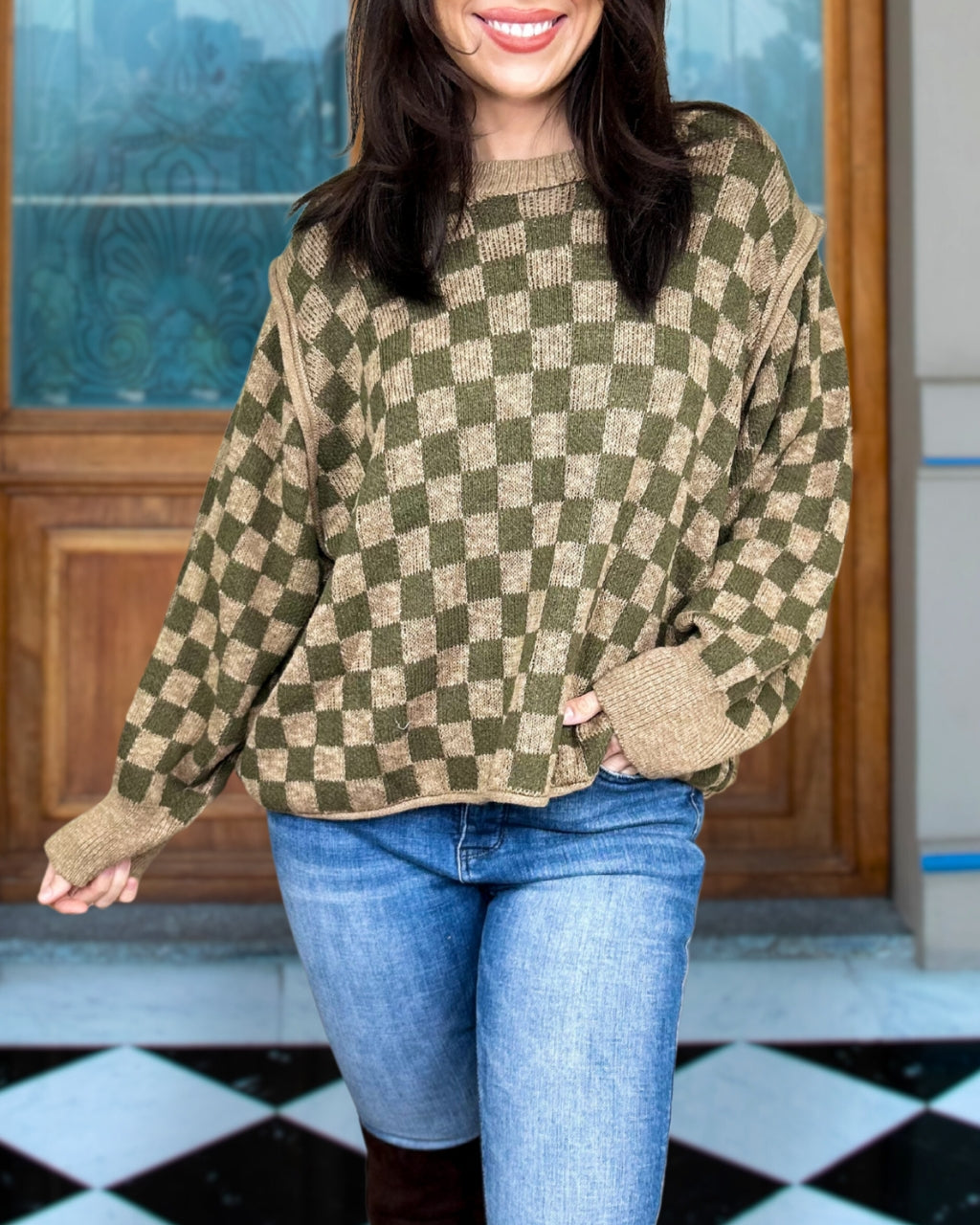 Fun Cozy Checker Knit Sweatshirt
