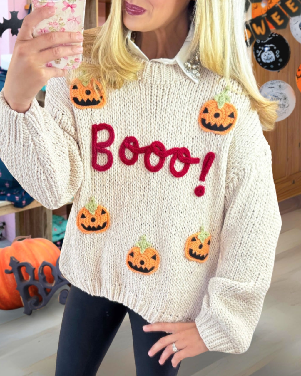 Playful Embroidered Boo Pumpkin Sweater