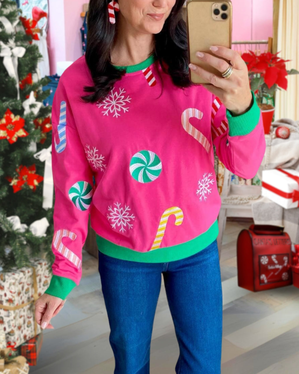 Chic Embroidered Christmas Candy Sweatshirt