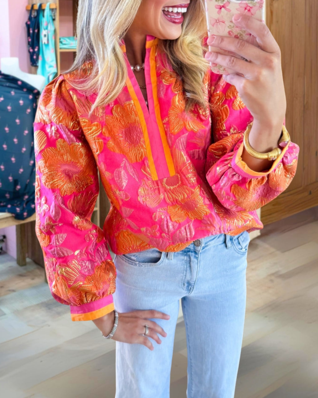 Chic Floral Jacquard Contrast Top