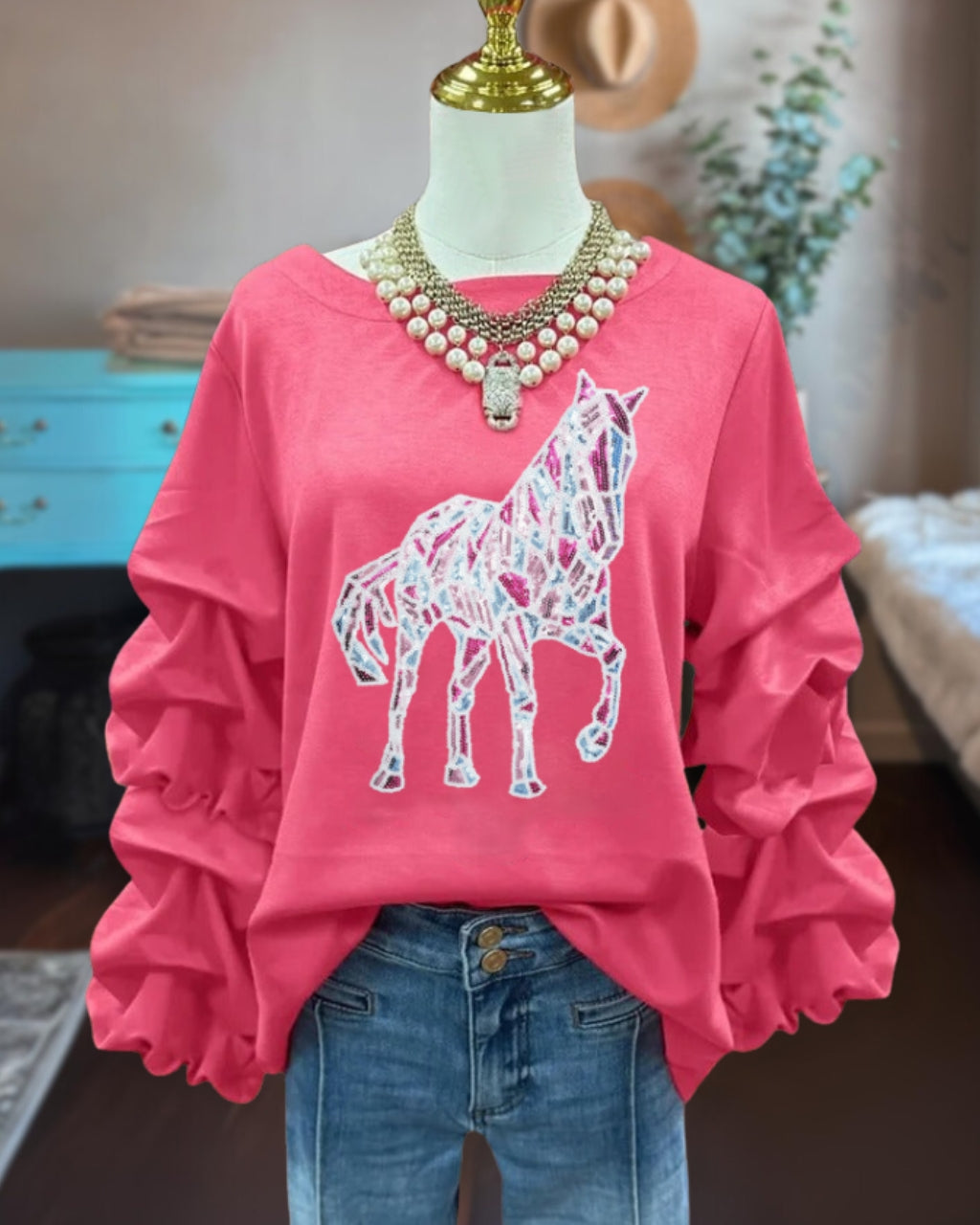 Sequin Horse Ruffle Sweatshirt