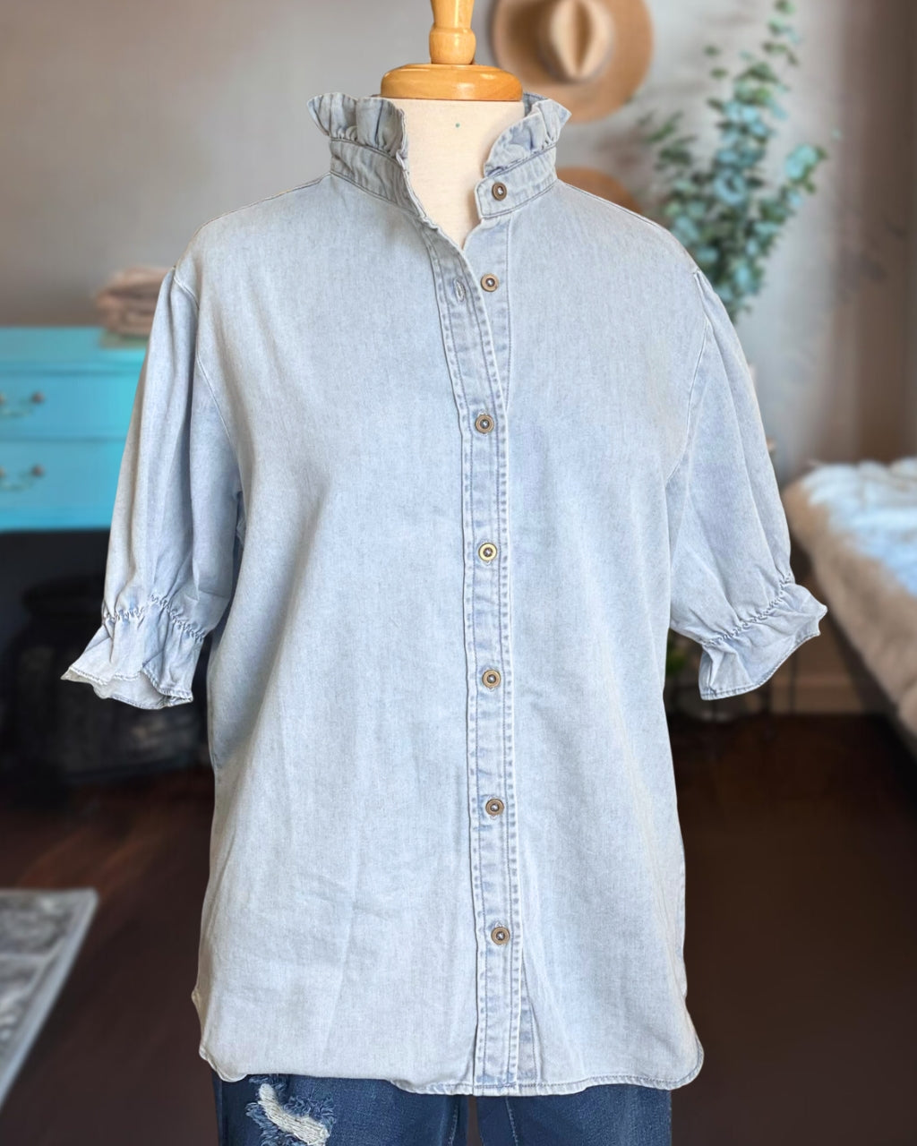 Washed Puff Sleeve Denim Shirt