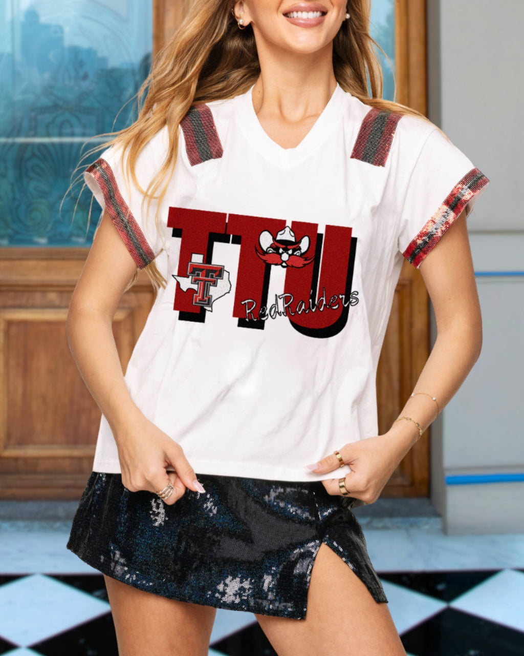 TTU Print Sequin Trim Tee