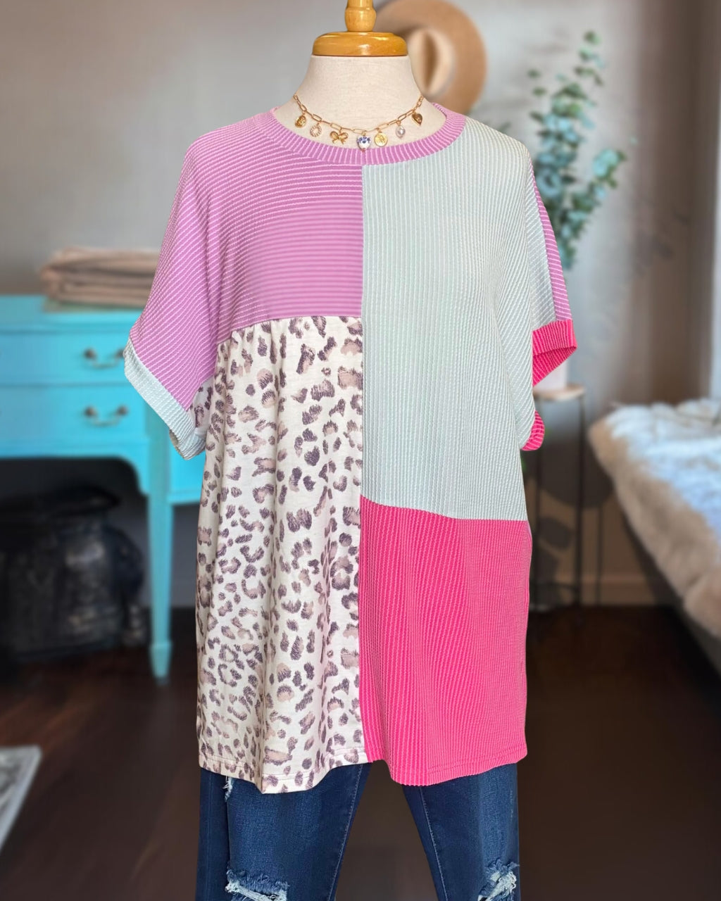 Ribbed Leopard Patchwork Tee