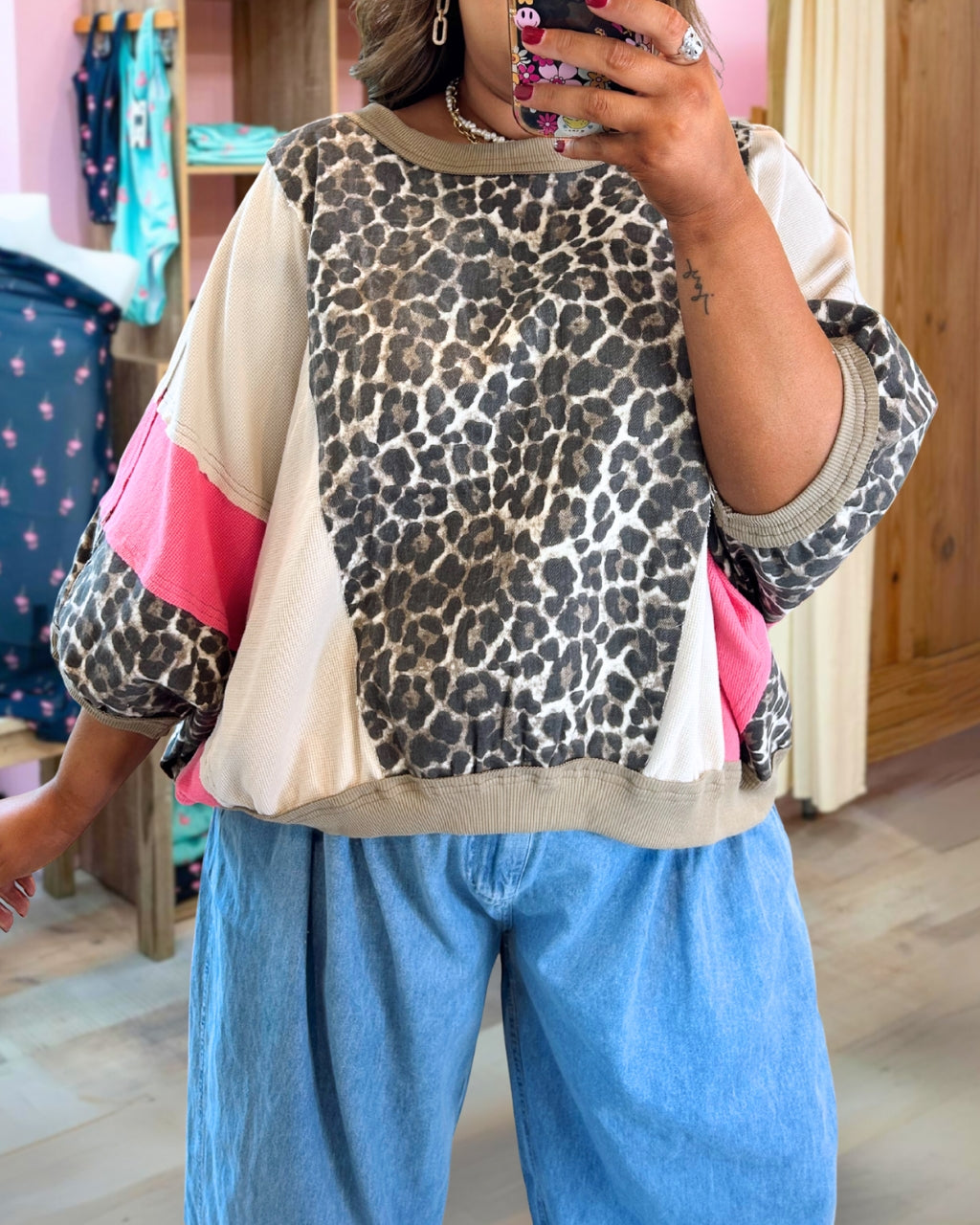 Washed Leopard Patchwork Top