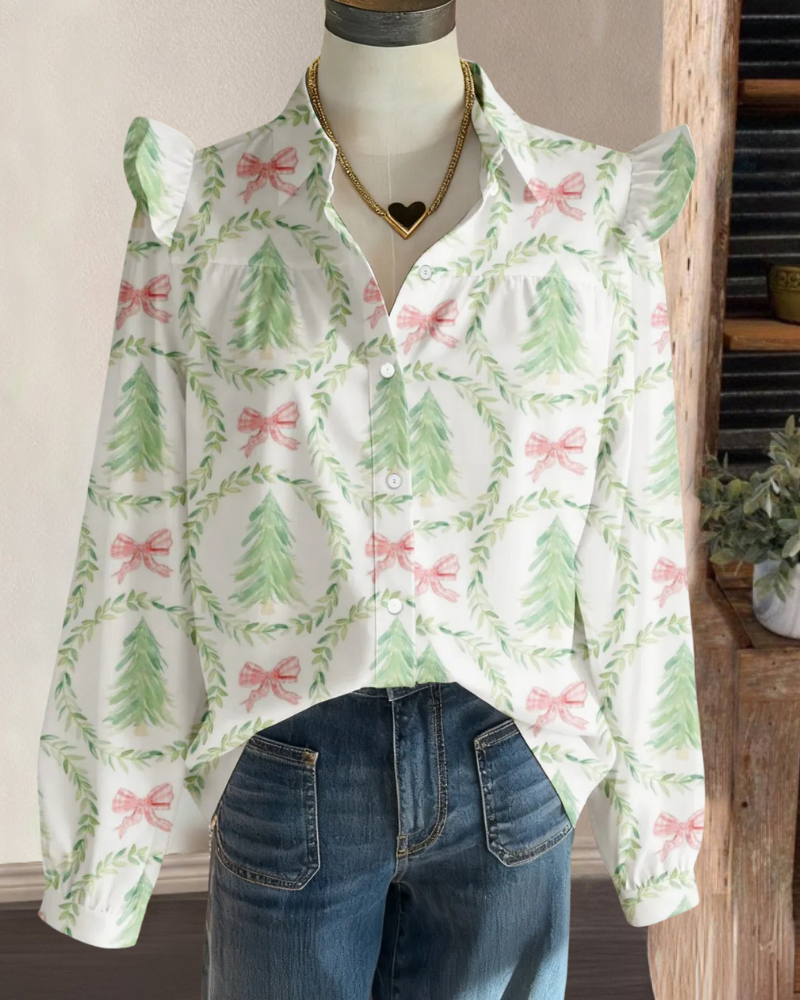 Christmas Tree Bow Lapel Blouse