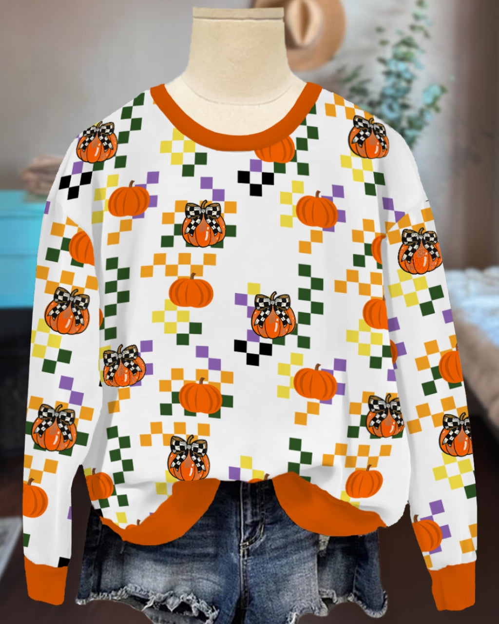 Chic Pumpkin Check Print Sweatshirt