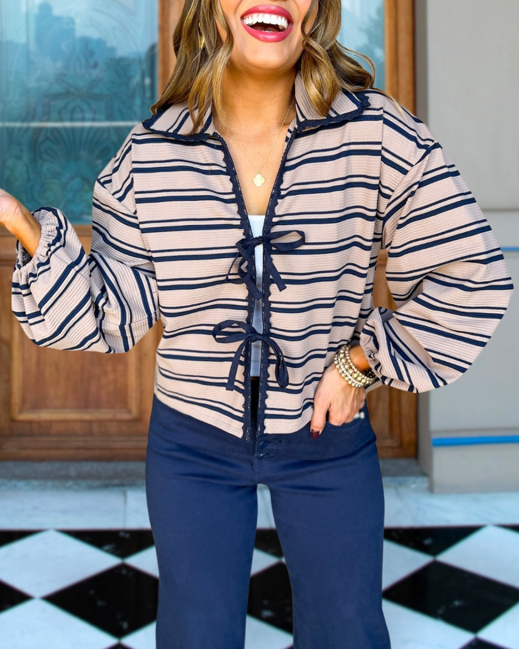 Fun Striped Collared Self Tie Cardigan