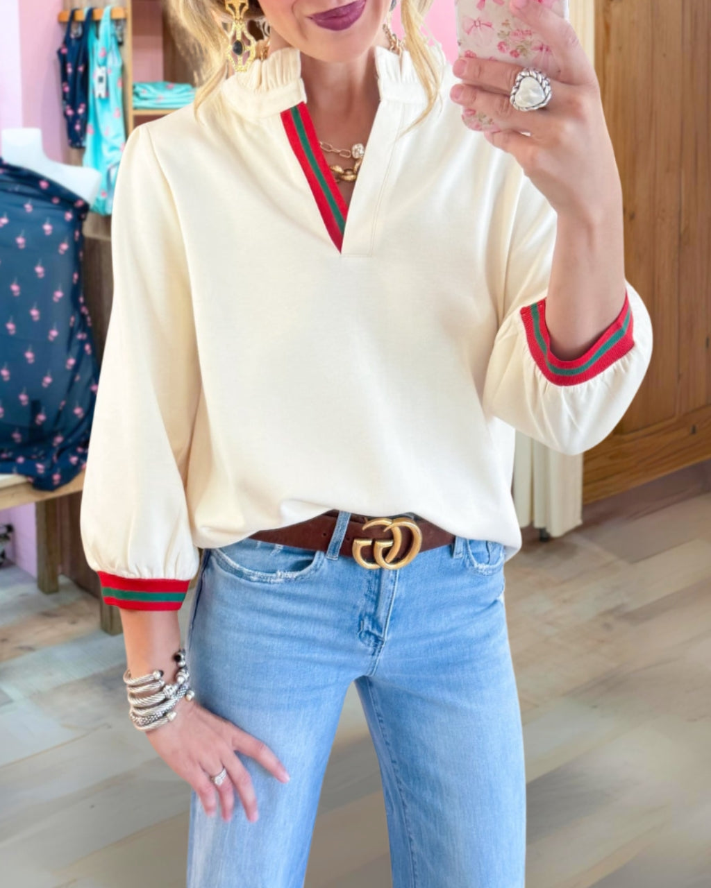 Chic Ruffle Neck Stripe Contrast Top