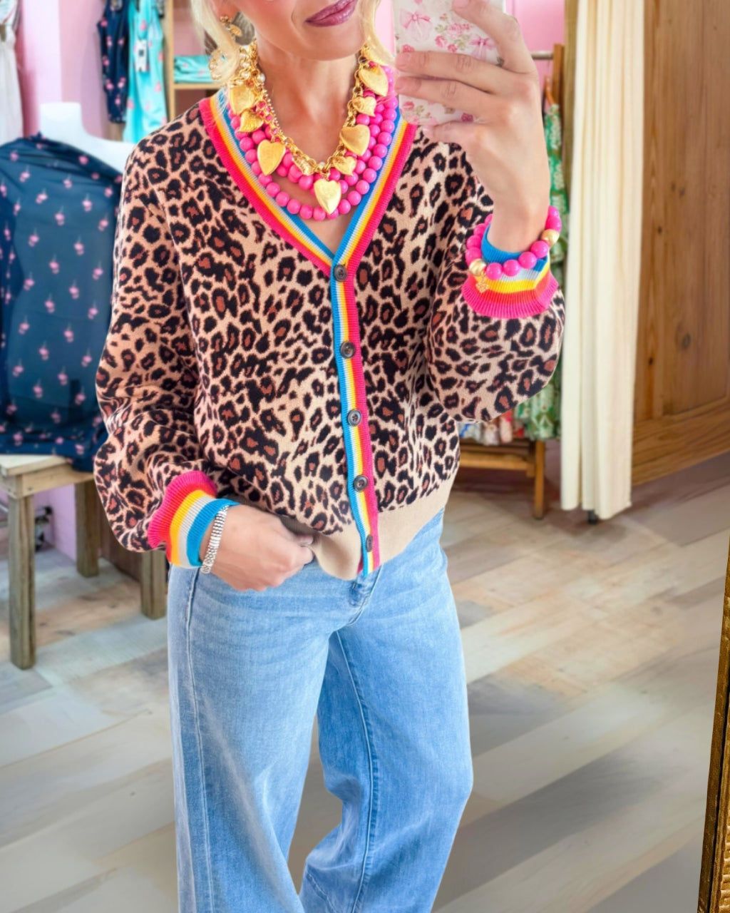 Rainbow Trim Leopard Cardigan