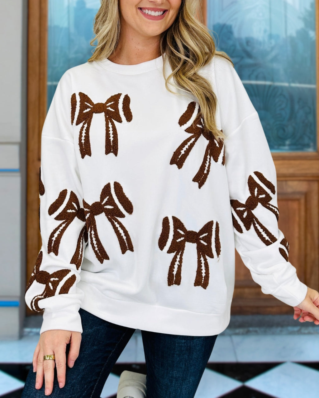 Embroidered Bow Football Decorated Sweatshirt
