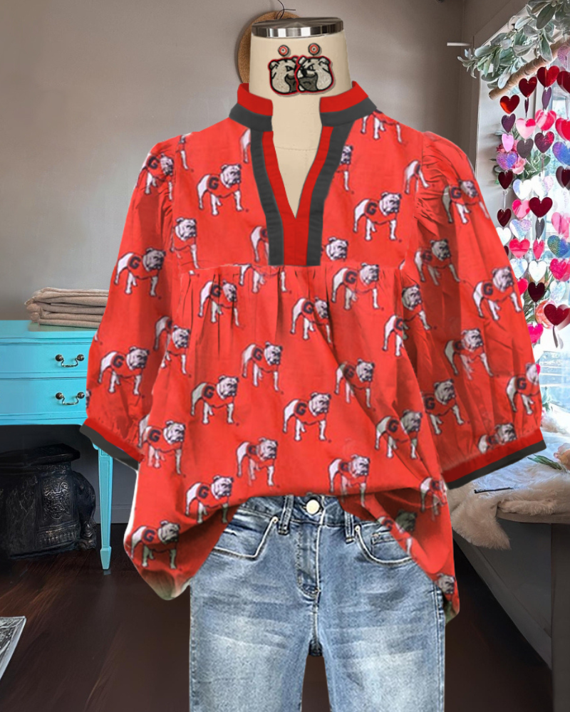 Bulldog Stripe Trim V-Neck Top