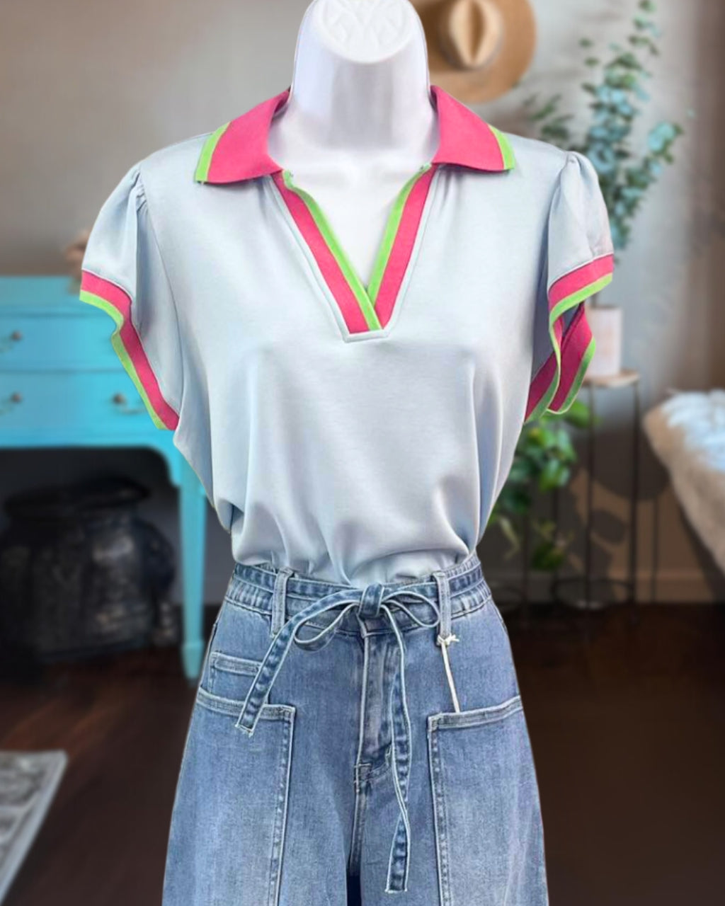 Fun Colorful Tape Collared Top