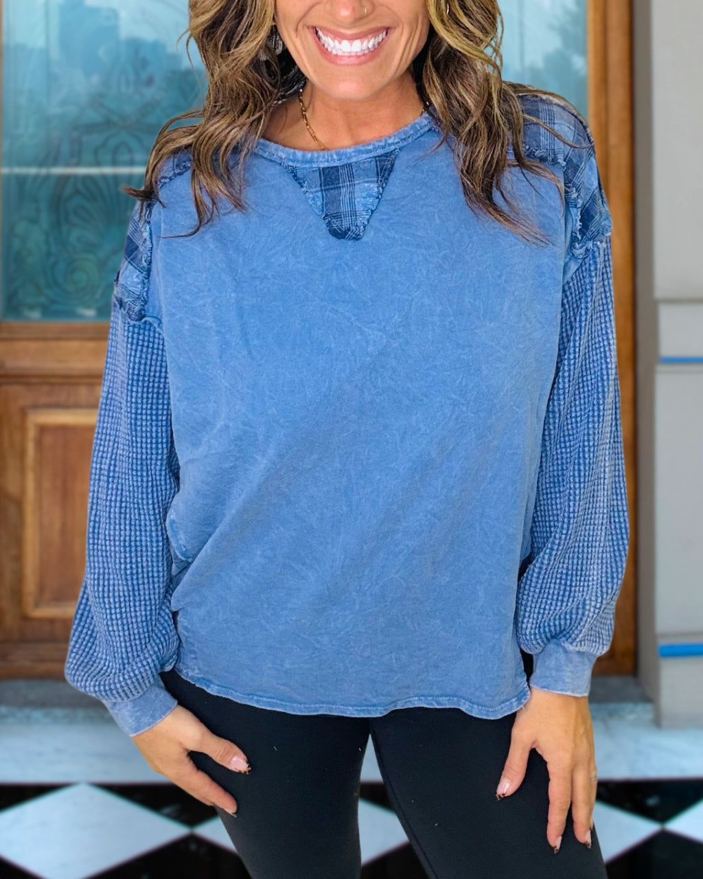 Plaid Waffle Colorblock Washed Sweatshirt