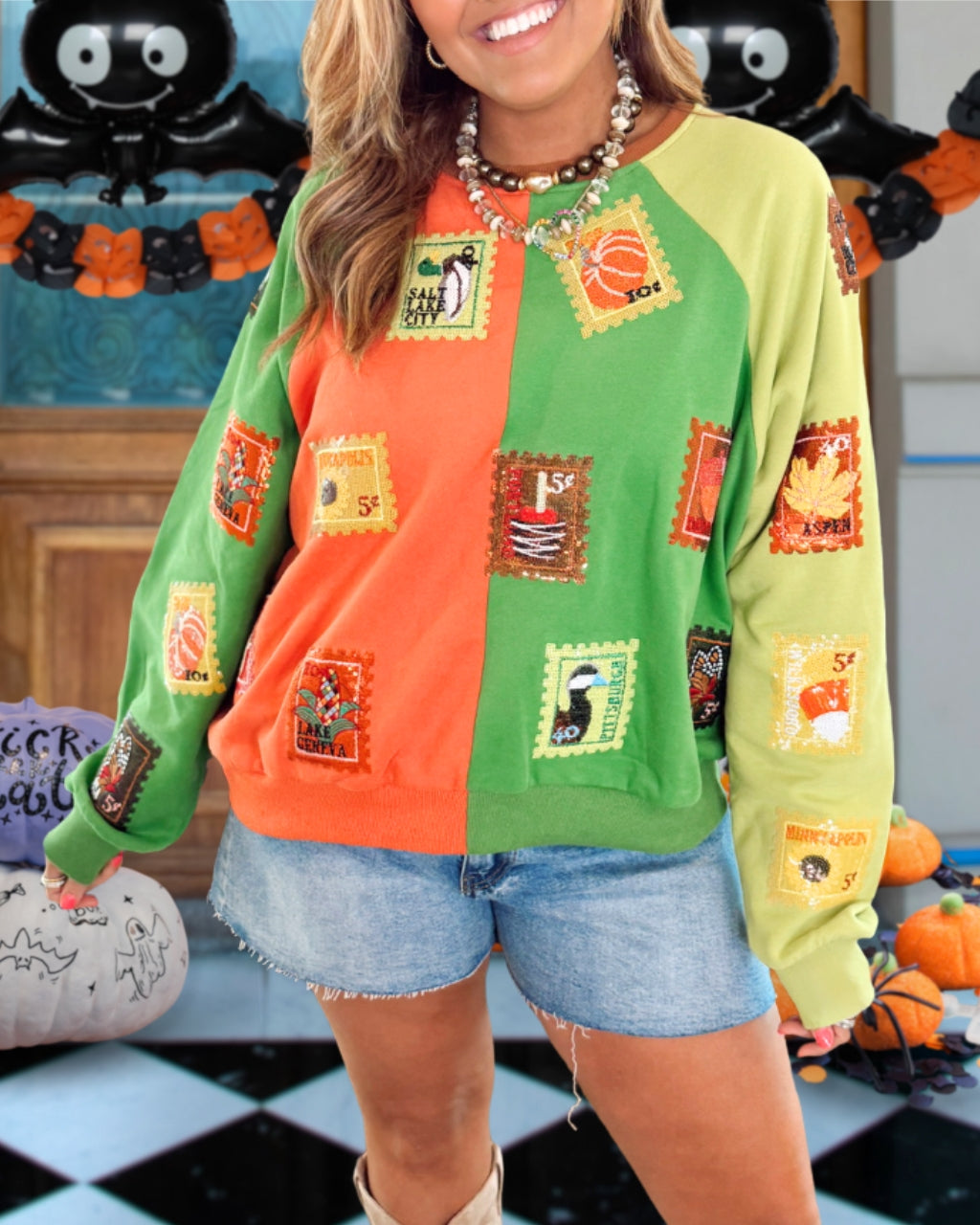 Sequin Fall Stamp Colorblock Sweatshirt
