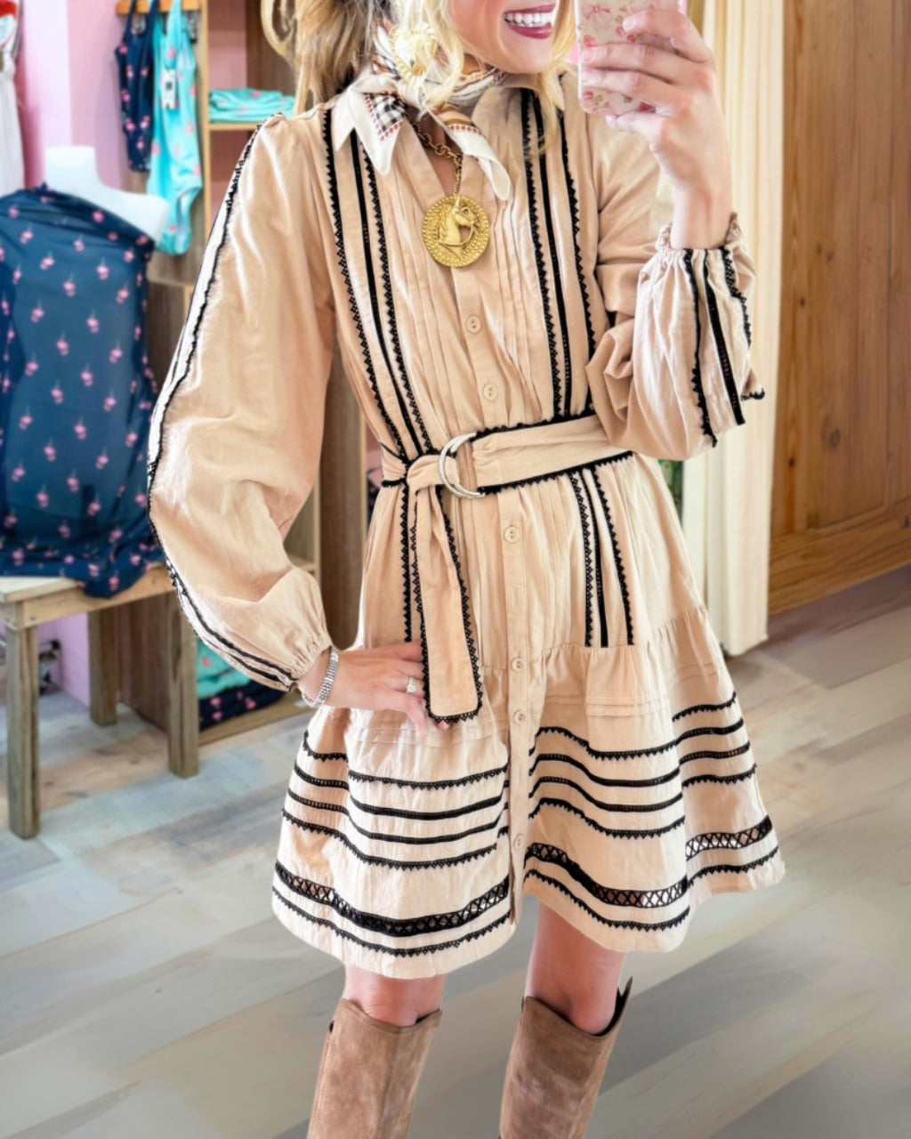 Trendy Lace Trim Collared Belted Dress